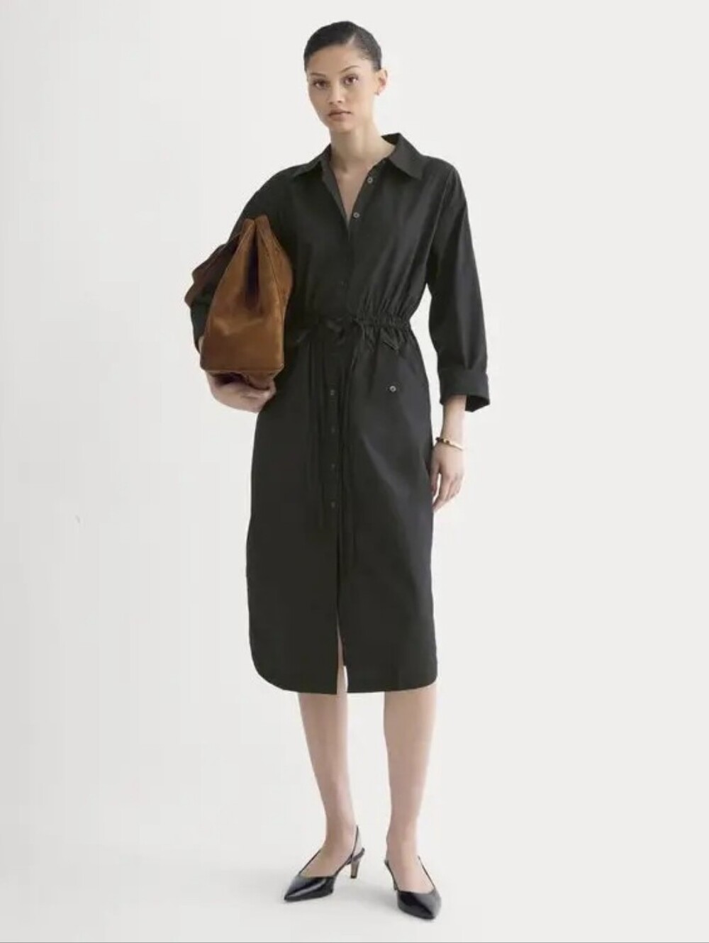 Everlane NWT Women's Drawcord Midi Shirtdress Size Medium Black Pockets Cotton